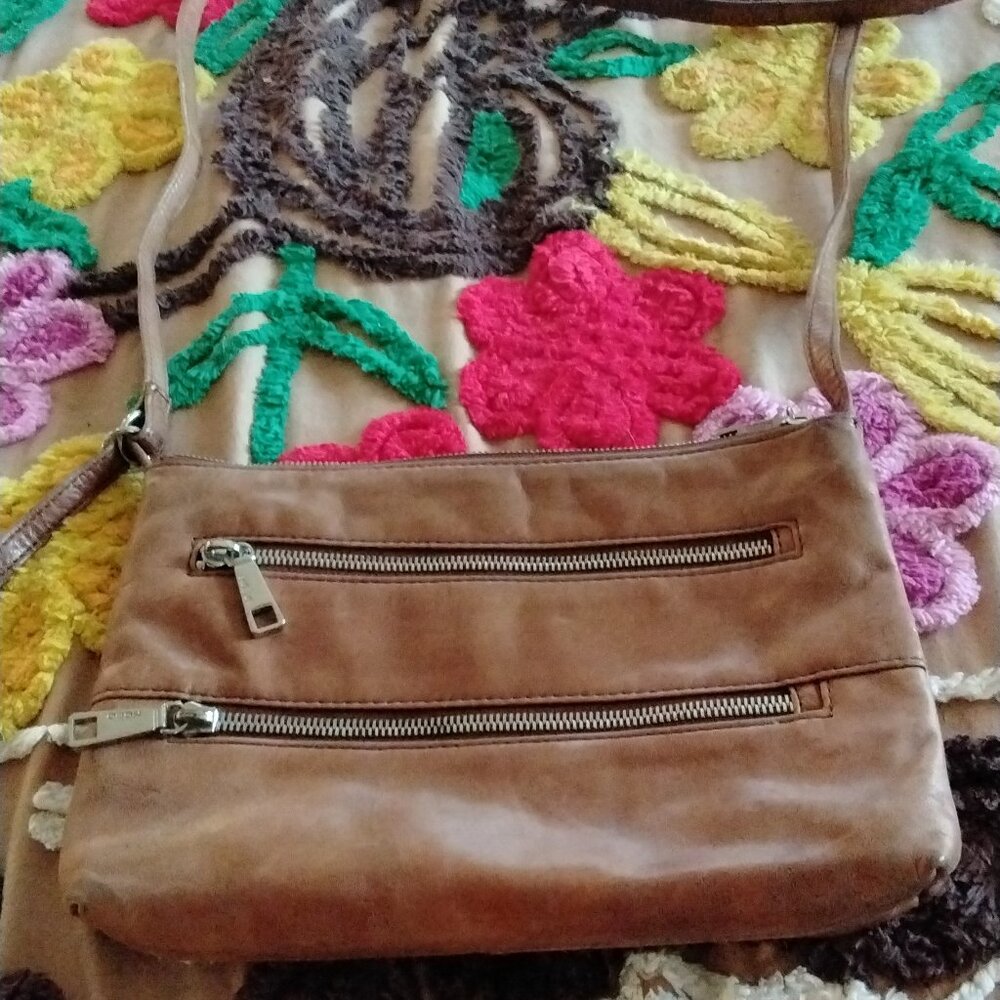 HOBO DBL ZIPPER SMALL BROWN LEATHER CROSSBODY BAG